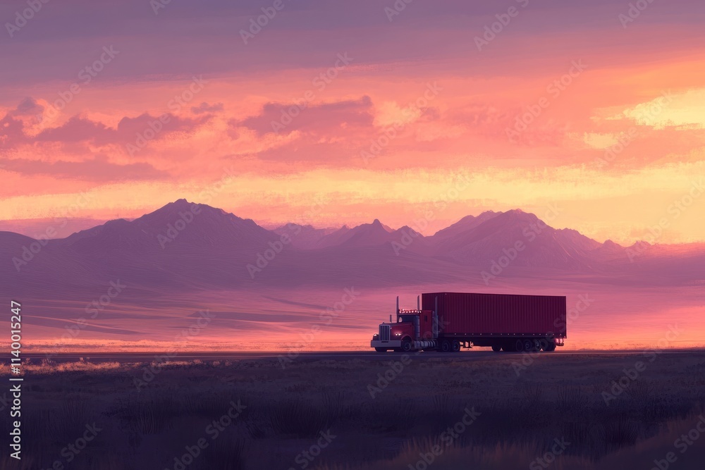 A truck parked in a tranquil landscape during sunset, surrounded by mountains. A truck parked in a tranquil landscape during sunset, surrounded by mountains.