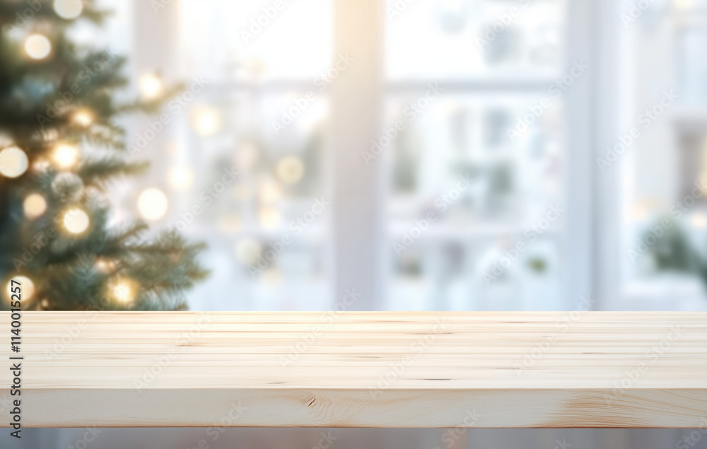 Soft lighting highlights an empty wooden table in front of a window decorated with a Christmas tree and warm bokeh lights, creating a cozy atmosphere for holiday gatherings. Soft lighting highlights an empty wooden table in front of a window decorated with a Christmas tree and warm bokeh lights, creating a cozy atmosphere for holiday gatherings.