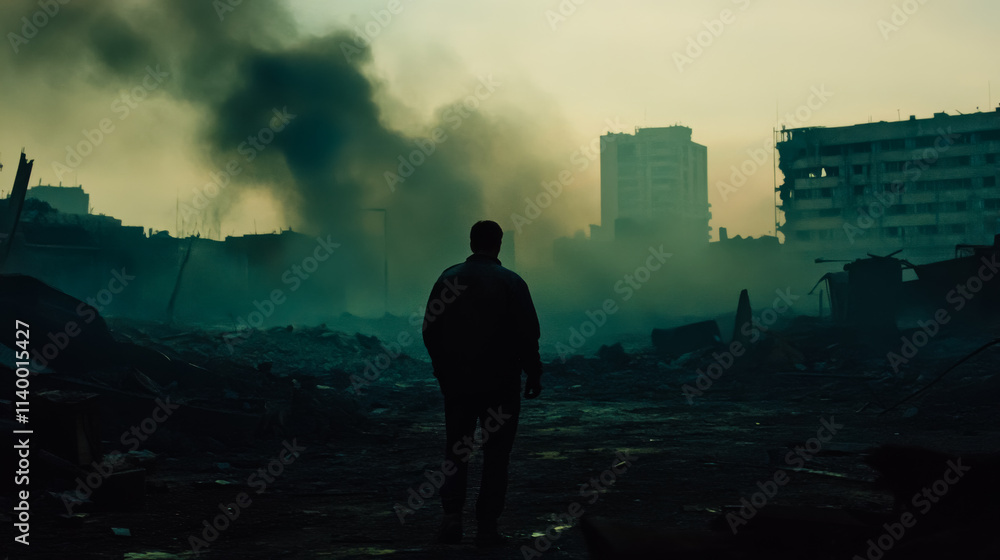Fototapeta premium Man standing amidst the ruins of a destroyed city.