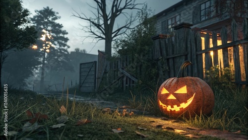 Carved pumpkin with a glowing face resting on the ground near a spooky house, enhancing a mysterious and eerie halloween atmosphere while evoking feelings of autumnal celebration photo