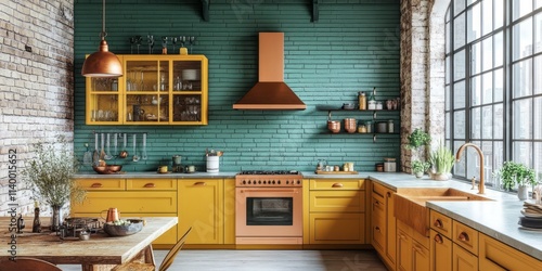 Stylish Yellow Kitchen With Copper Accents And Green Brick Walls