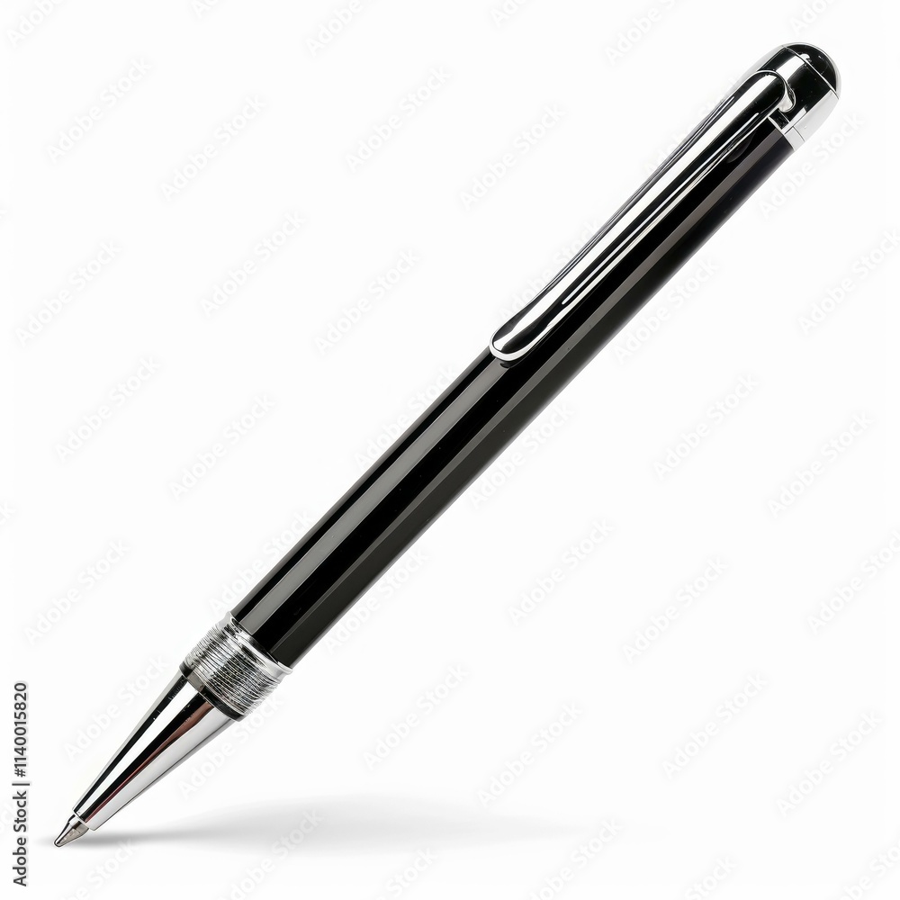 Ballpoint pen casting a shadow on white background, ready for writing and signing Ballpoint pen casting a shadow on white background, ready for writing and signing