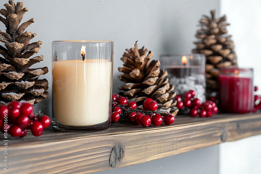 Christmas Candles with Red Berries and Pinecones on Wooden Shelf Christmas Candles with Red Berries and Pinecones on Wooden Shelf