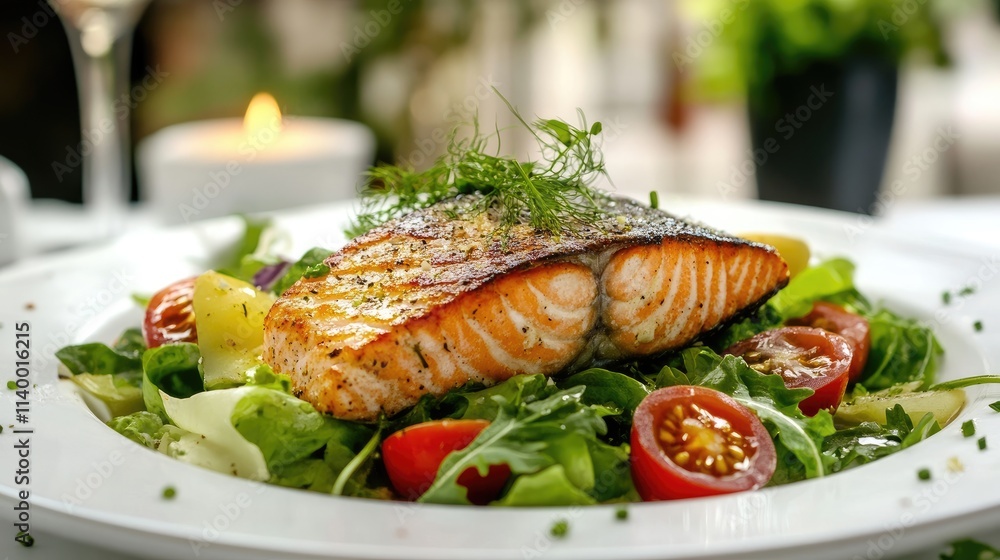 Salmon fillet atop fresh garden greens with cherry tomatoes and herbs in a gourmet Caesar salad presentation Salmon fillet atop fresh garden greens with cherry tomatoes and herbs in a gourmet Caesar salad presentation