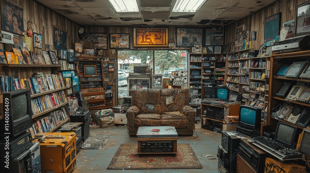Abandoned electronics store interior slung derelict forsaken outcast Abandoned electronics store interior slung derelict forsaken outcast