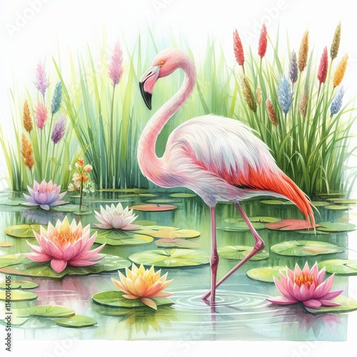 Watercolor painting of a flamingo.