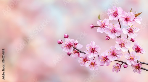 Delicate Pink Cherry Blossoms Branch in Spring Bloom