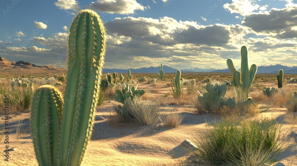 Desert landscape with vibrant cacti under a sunny sky showcasing the natural beauty and diversity of desert flora
