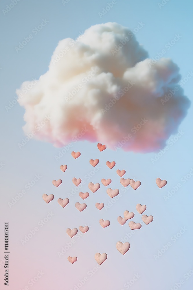 Pink hearts fall from the fluffy cloud on a pastel blue background. Valentine's, love, romantic, dreamy concept.