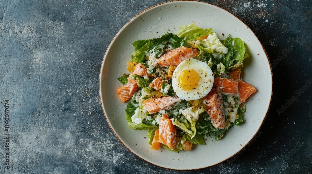 Caesar salad topped with fresh salmon slices and a poached egg on a rustic plate against a textured background Caesar salad topped with fresh salmon slices and a poached egg on a rustic plate against a textured background