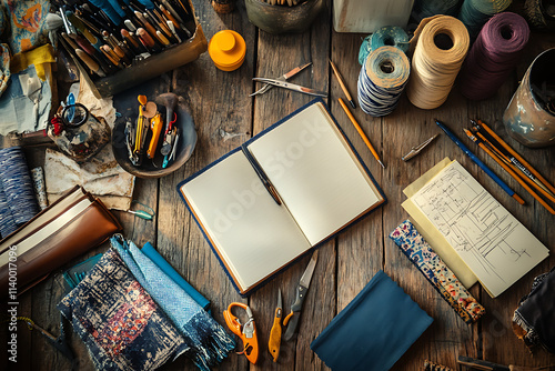 A Hobby Workspace with Sewing Supplies, Fabric Swatches, and Tools. photo