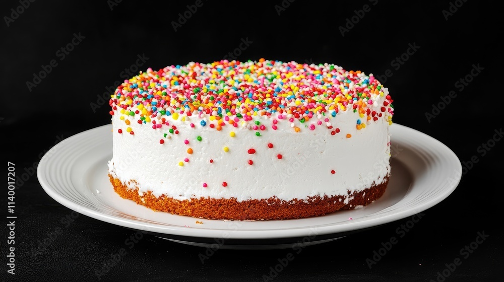Delicious white frosted cake topped with colorful sprinkles on a white plate against a black background Delicious white frosted cake topped with colorful sprinkles on a white plate against a black background