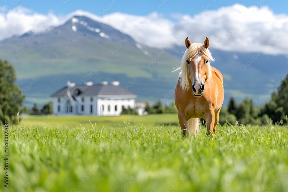 A majestic horse stands majestically in the misty mountains of Iceland, its mane flowing gently with each breath A majestic horse stands majestically in the misty mountains of Iceland, its mane flowing gently with each breath
