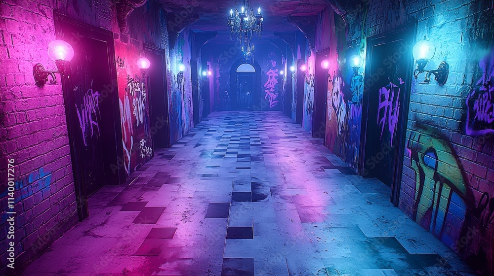 Cyberpunk Graffiti Alleyway Neon Lights Urban Art Brick Walls Grungy Floor Cyberpunk Graffiti Alleyway Neon Lights Urban Art Brick Walls Grungy Floor