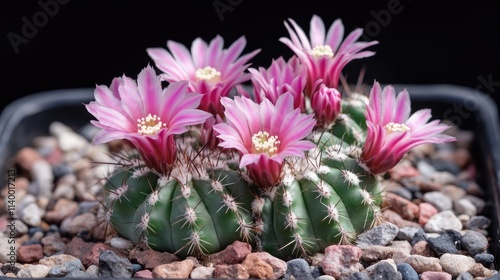 Vibrant pink flowers blooming on a mammillaria elongata cactus succulent in a decorative pot with pebbles background photo