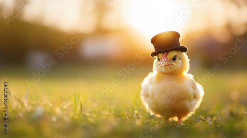 Charming chick in a top hat outdoor field animal photography sunset glow close-up view whimsical concept