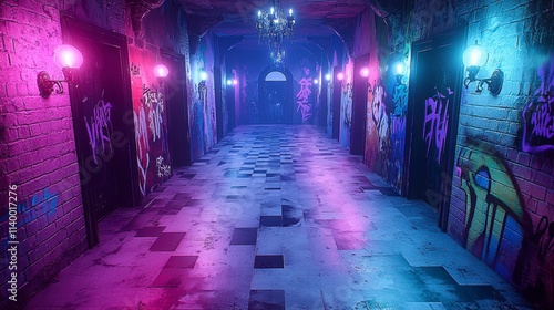 Cyberpunk Graffiti Alleyway Neon Lights Urban Art Brick Walls Grungy Floor