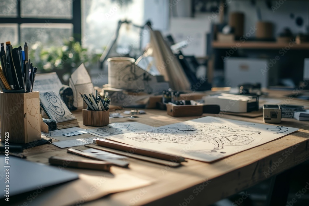 Wooden desk, art supplies, drawings, design work. Wooden desk, art supplies, drawings, design work.