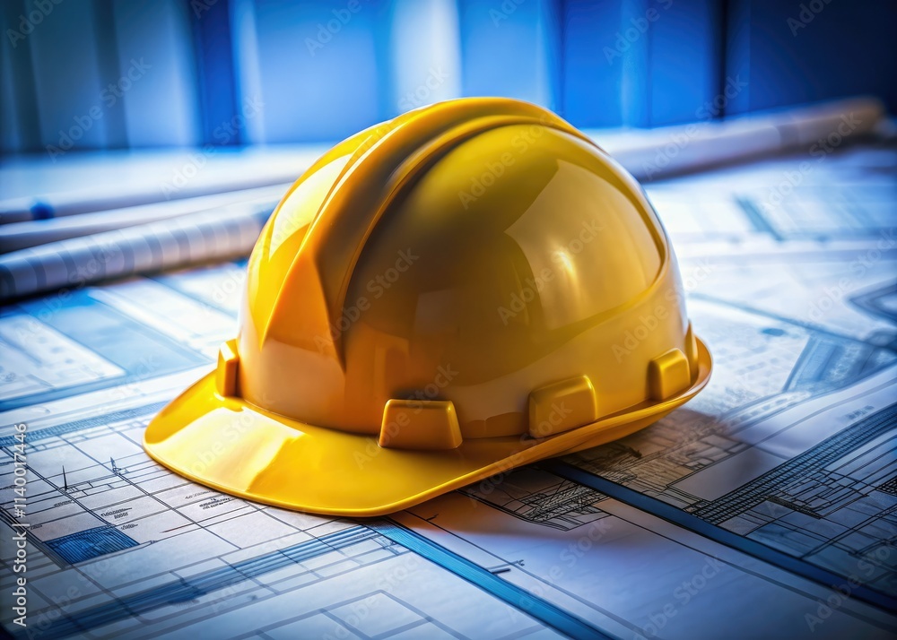 Close-up macro shot unveils the construction helmet's textured surface, a blueprint of its design. Close-up macro shot unveils the construction helmet's textured surface, a blueprint of its design.