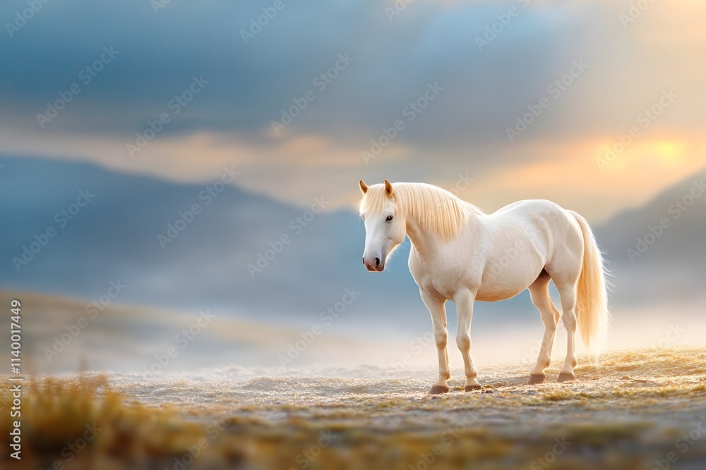 A majestic horse stands majestically in the misty mountains of Iceland, its mane flowing gently with each breath A majestic horse stands majestically in the misty mountains of Iceland, its mane flowing gently with each breath
