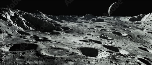 Detailed image of the moon's crater-filled, dark terrain with scattered rocks, black patches, and a prominent dark crater, evoking a sense of mysterious, colorless wilderness in outer space. photo