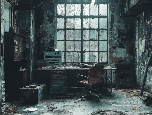 Abandoned factory office interior slung derelict forsaken outcast photo