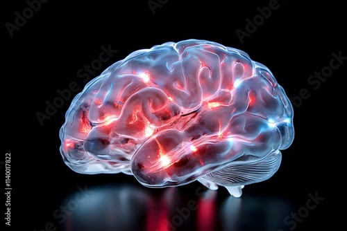 3D render of a human brain with glowing red and blue elements. The background is a dark black color with a bokeh effect