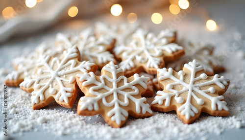 Snowflake cookies with icing on powdered sugar, holiday treats