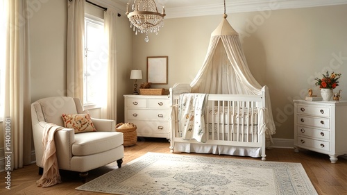 A charming nursery features a cozy crib draped with a canopy, light colors, and soft furnishings, creating a warm environment designed for comfort and tranquility.