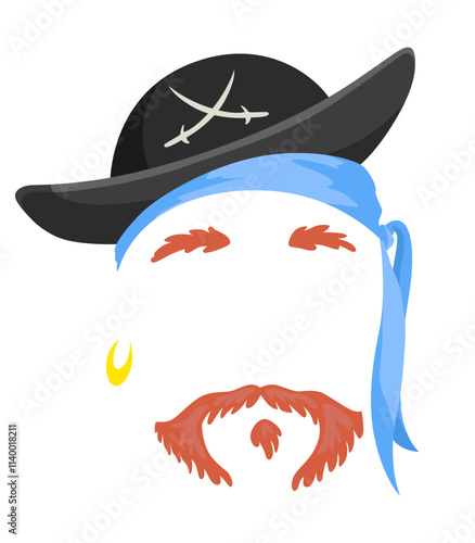 Pirate mask. Cartoon face decoration - hat, beard and mustache. Party accessories, head costume concept. Decoration item for your selfie photo, video chat filter or photo booth
