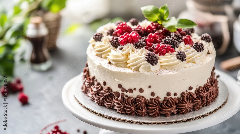 Gourmet cake adorned with fresh berries and cream on a decorative platter showcasing fine dining and culinary artistry Gourmet cake adorned with fresh berries and cream on a decorative platter showcasing fine dining and culinary artistry