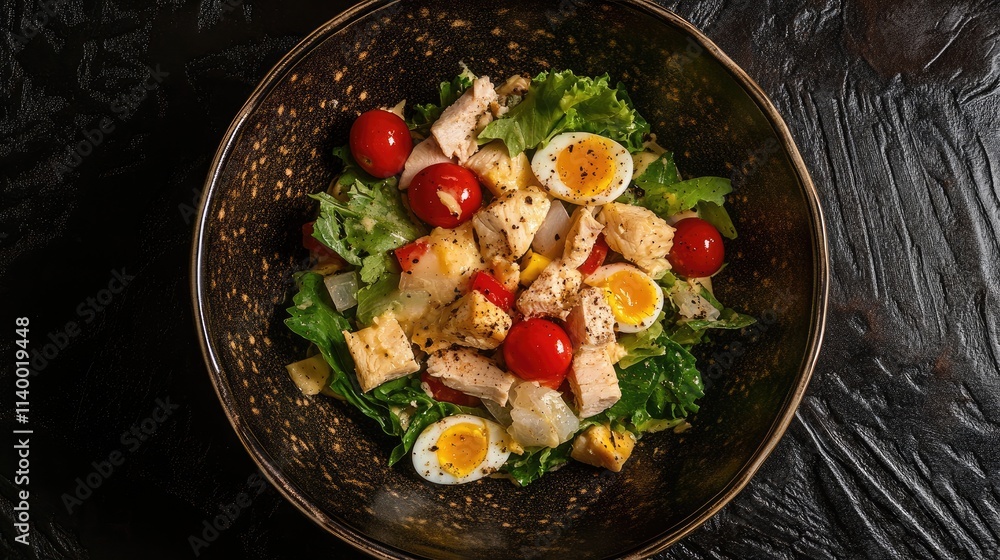 Fresh Caesar salad with grilled chicken cherry tomatoes and boiled eggs in a textured bowl for a healthy meal option Fresh Caesar salad with grilled chicken cherry tomatoes and boiled eggs in a textured bowl for a healthy meal option