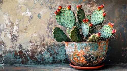 Cactus in rustic pot against textured background with vibrant colors and ample copy space for creative design or advertising purposes photo