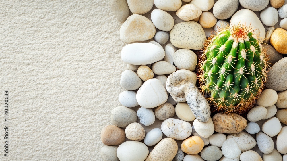 Cactus among smooth pebbles creating a serene garden backdrop showcasing natural textures and earthy tones for landscaping design. Cactus among smooth pebbles creating a serene garden backdrop showcasing natural textures and earthy tones for landscaping design.