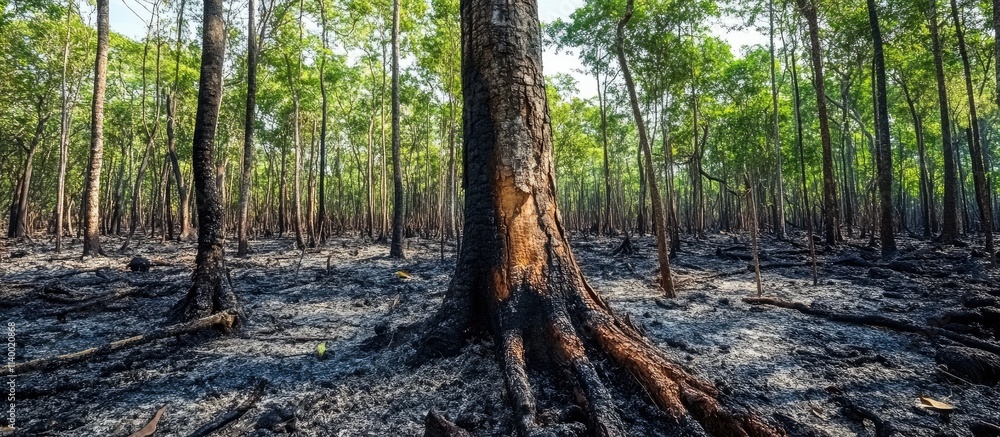 Obraz premium burnt tree in a lush forest after wildfire showcasing nature's resilience and recovery amidst charred surroundings and vibrant greenery
