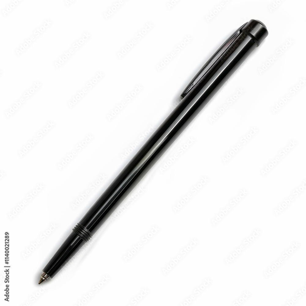 Shiny black ballpoint pen resting on a pristine white surface, ready for writing or note taking Shiny black ballpoint pen resting on a pristine white surface, ready for writing or note taking