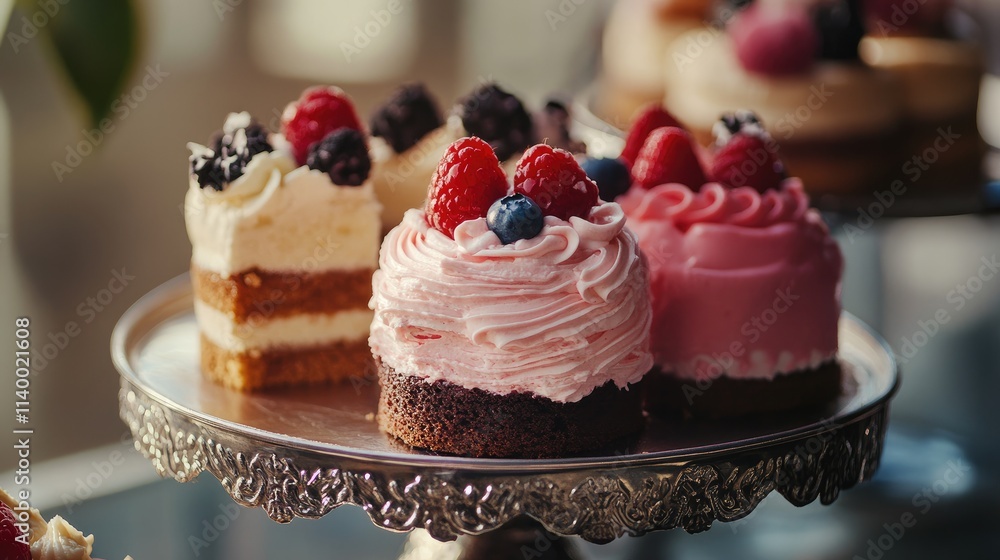 Delicious assorted miniature cakes with fresh berries presented on an elegant silver cake stand in a bright setting Delicious assorted miniature cakes with fresh berries presented on an elegant silver cake stand in a bright setting