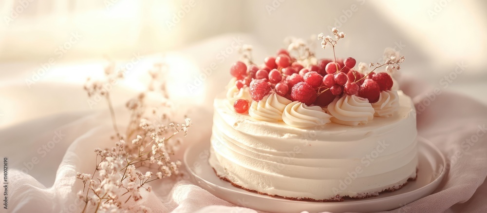Delicious cream cake adorned with fresh berries elegantly displayed on a soft pastel background in natural light Delicious cream cake adorned with fresh berries elegantly displayed on a soft pastel background in natural light