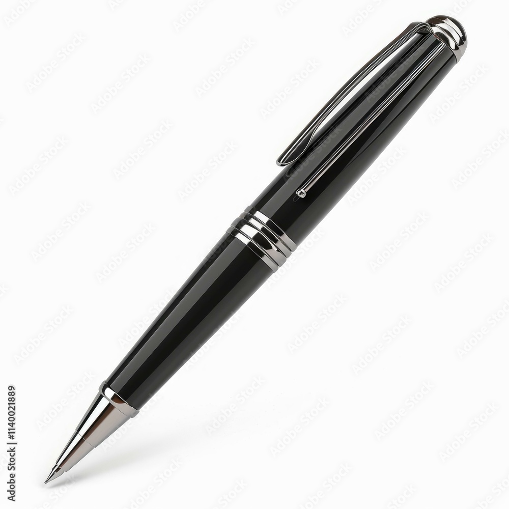 Luxurious black and silver ballpoint pen casting a subtle shadow on a pristine white background, perfect for writing or signing important documents Luxurious black and silver ballpoint pen casting a subtle shadow on a pristine white background, perfect for writing or signing important documents