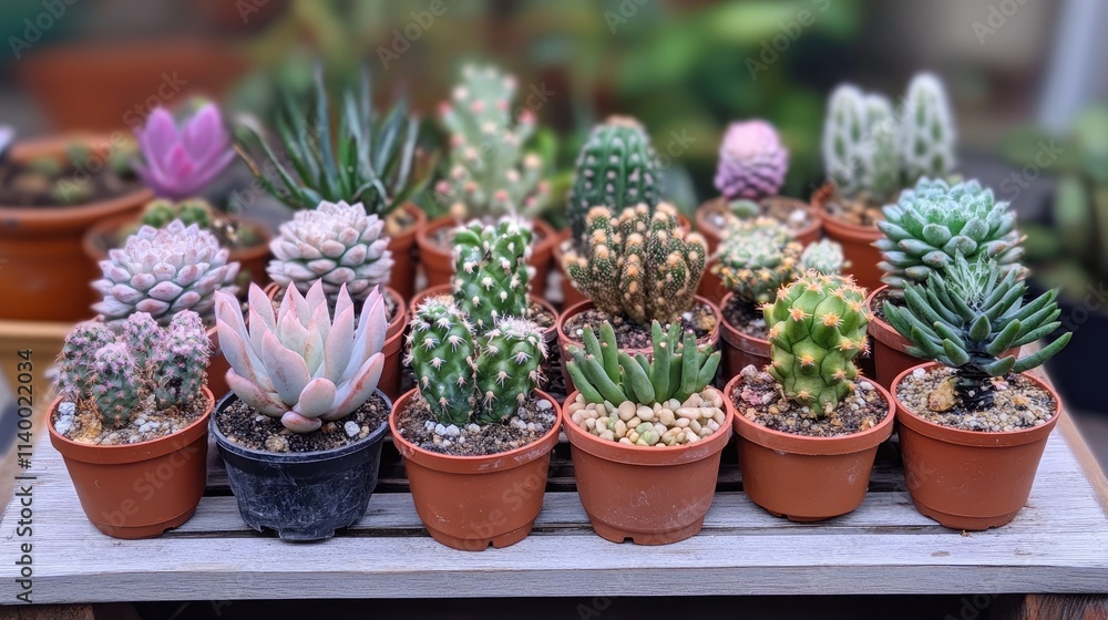 Collection of small potted cacti and succulents arranged neatly on a wooden table showcasing diverse textures and colors in a vibrant environment Collection of small potted cacti and succulents arranged neatly on a wooden table showcasing diverse textures and colors in a vibrant environment