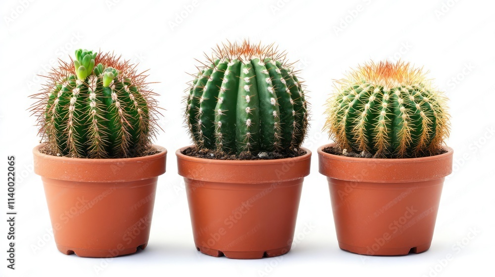 Three varieties of cacti in terracotta pots isolated on a white background showcasing their distinct shapes and textures. Three varieties of cacti in terracotta pots isolated on a white background showcasing their distinct shapes and textures.