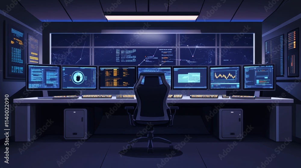 Fototapeta premium Dark control room, many screens, data displays.