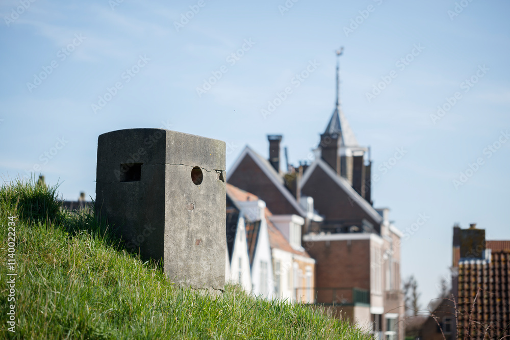 Naklejka premium Gray concrete emplacement sits atop a grassy embankment, with a blurred cityscape behind. Defense structure, historical context.