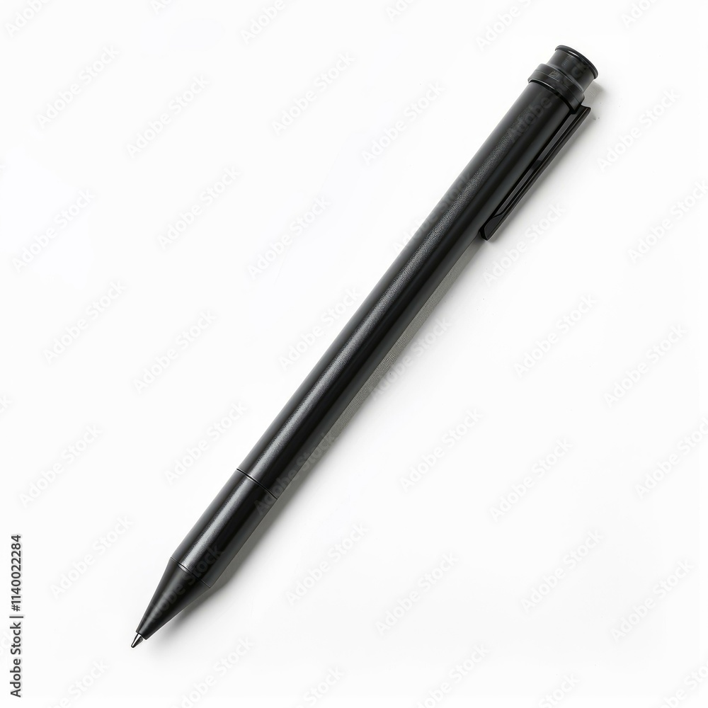 Studio shot of a stylish black ballpoint pen resting on a pristine white surface Studio shot of a stylish black ballpoint pen resting on a pristine white surface