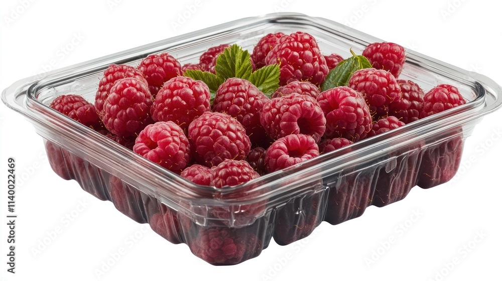 A plastic container filled with fresh raspberries and green mint leaves. A plastic container filled with fresh raspberries and green mint leaves.