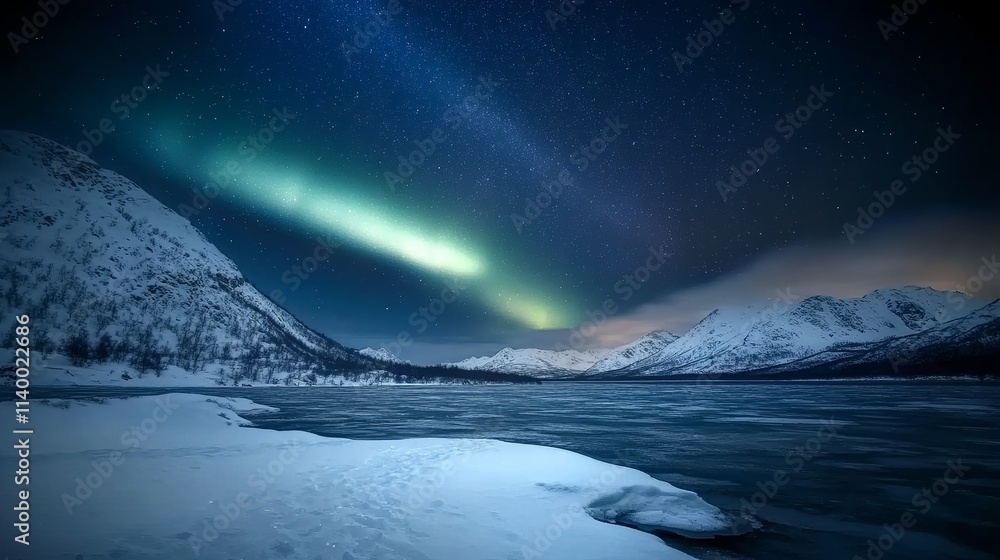 Fototapeta premium A breathtaking view of the aurora borealis dancing over a frozen lake and snow-capped mountains.