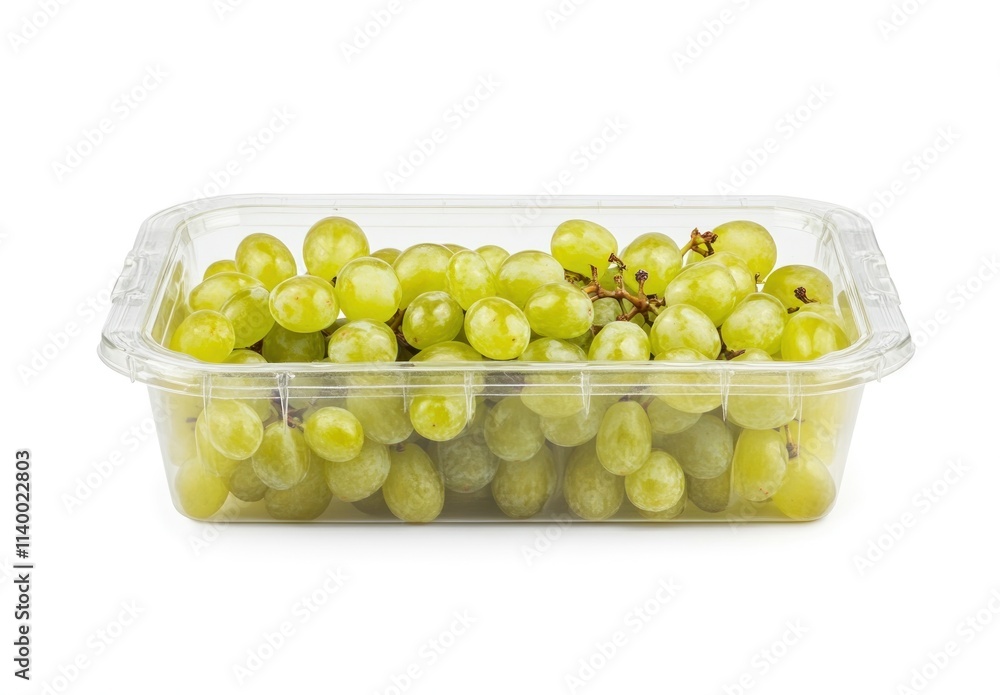 A clear plastic container filled with fresh green grapes. A clear plastic container filled with fresh green grapes.