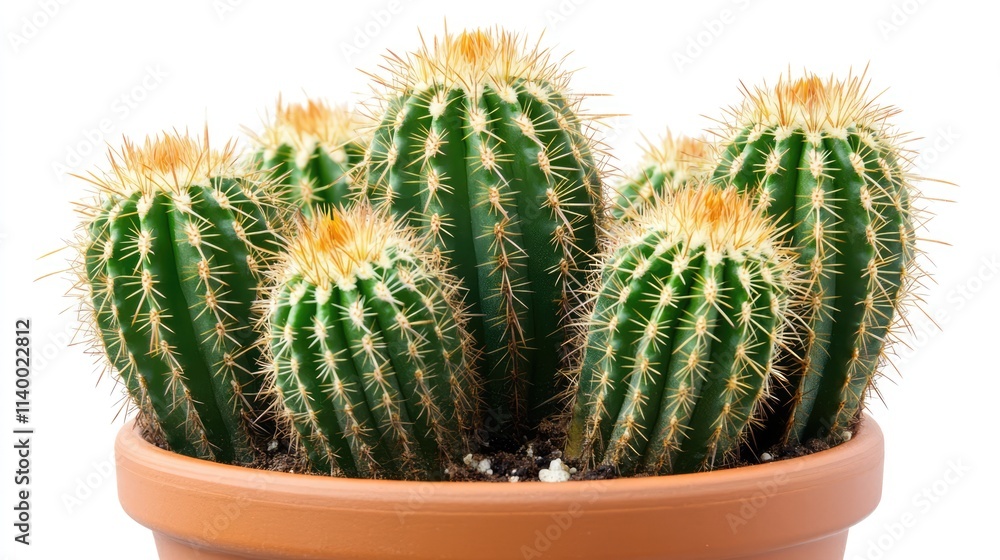 Cactus cluster in a brown ceramic pot against a clean white background showcasing vibrant green spines and textured surface details. Cactus cluster in a brown ceramic pot against a clean white background showcasing vibrant green spines and textured surface details.