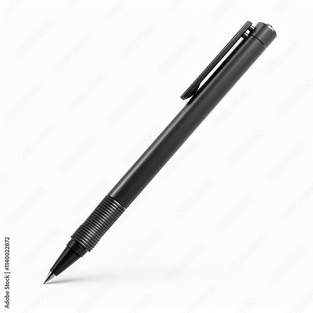 Elegant black ballpoint pen casting a subtle shadow on a pristine white background, ready for writing Elegant black ballpoint pen casting a subtle shadow on a pristine white background, ready for writing