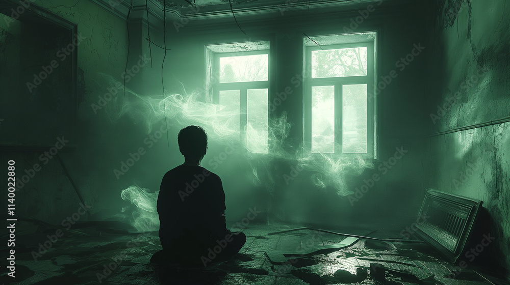 Solitary figure seated in a dim, abandoned room with light filtering through windows. Solitary figure seated in a dim, abandoned room with light filtering through windows.